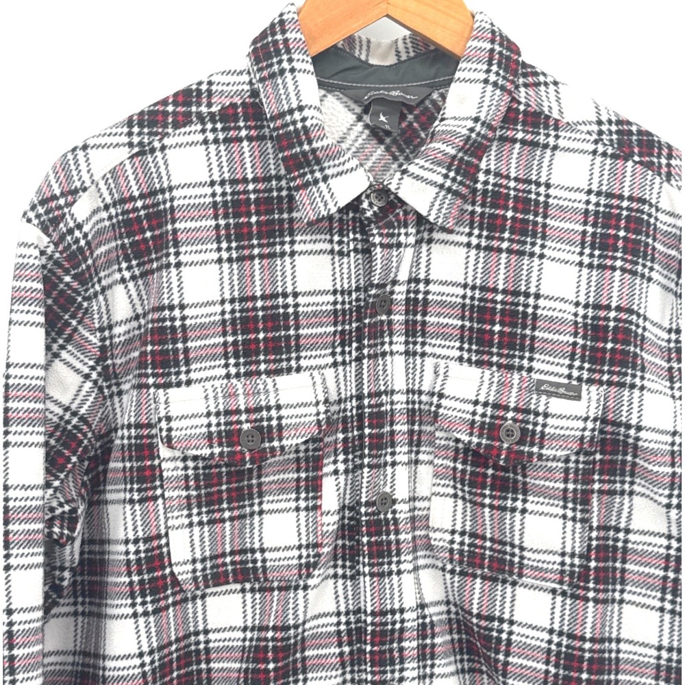 Eddie Bauer Mens Fleece Shirt Large White Plaid Long Button Down Barn Chores